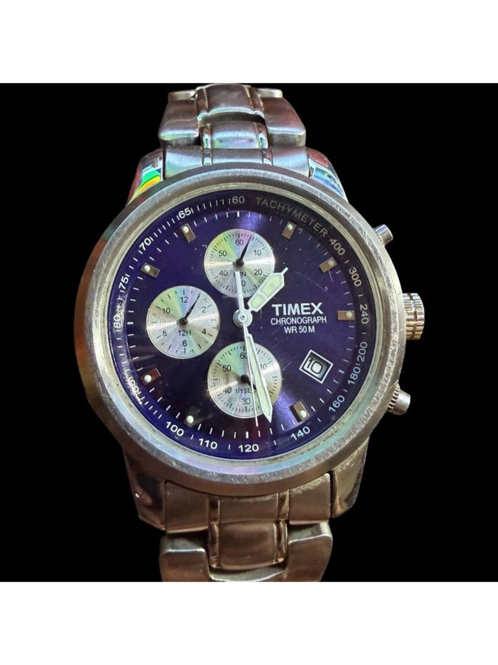 Timex Mens Chronograph Watch W/ Stainless Steel Band Tachymeter WR 50M Purple Di